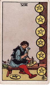 Tarotkortet 8'er i Mønter